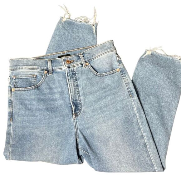 Express Super High Waisted Light Wash Raw Hem Slim Jeans Size 10 Short - Picture 16 of 16